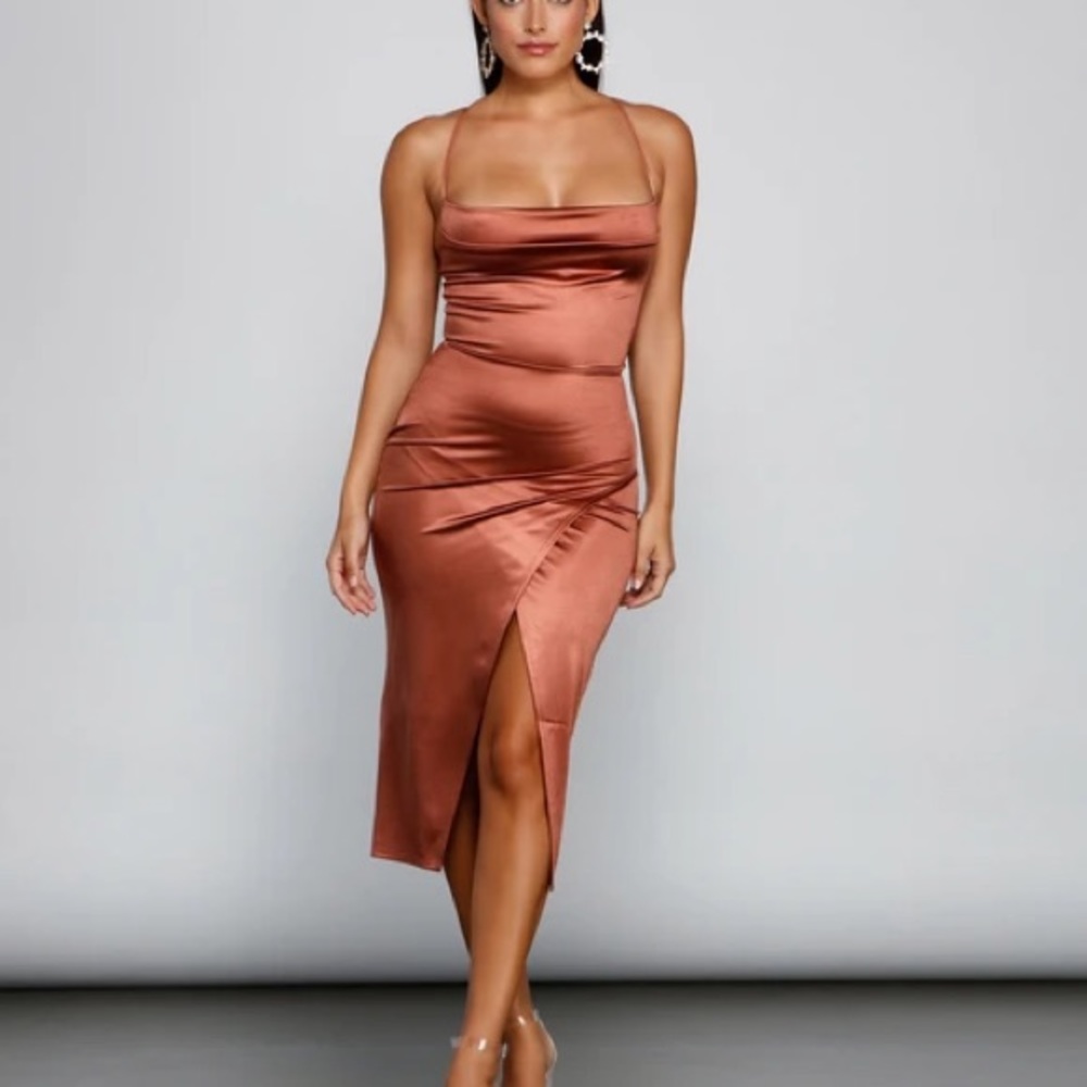 Rose Satin Crisscross Spaghetti Strap Midi